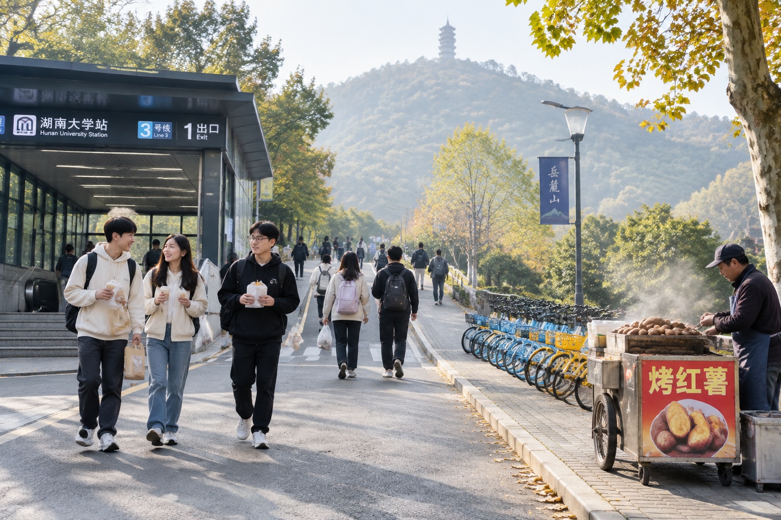 Students walking uphill from Hunan University metro station toward Yuelu Academy in Changsha on an autumn morning