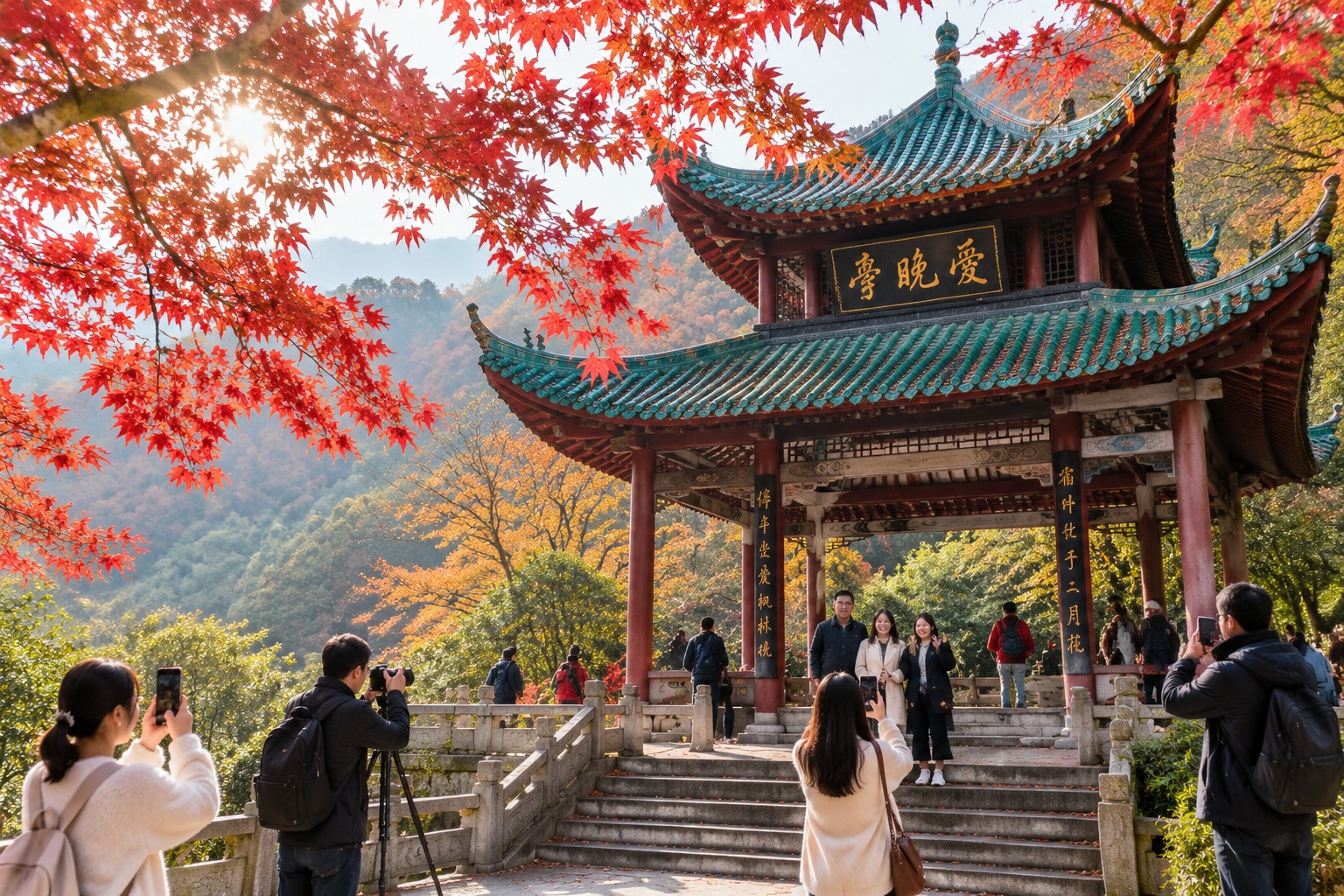 Crowds of visitors photographing red maple leaves at Aiwan Pavilion on Yuelu Mountain in Changsha in late November