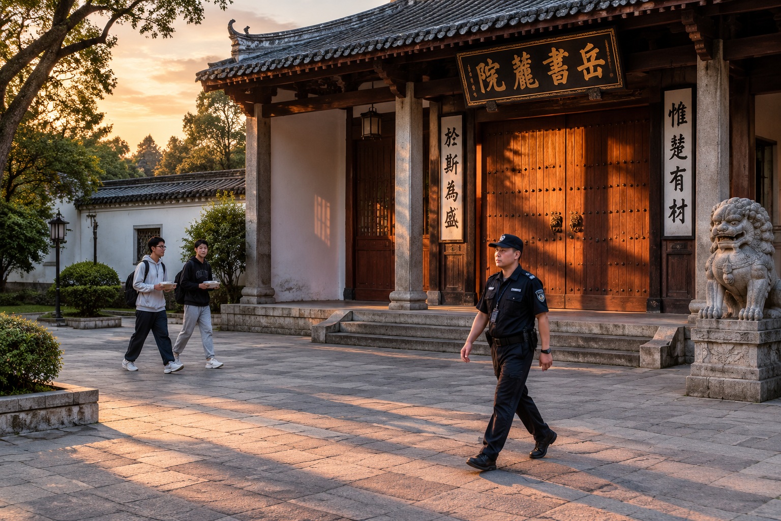 The empty courtyard of Yuelu Academy in Changsha at dusk after the tourist gate closes