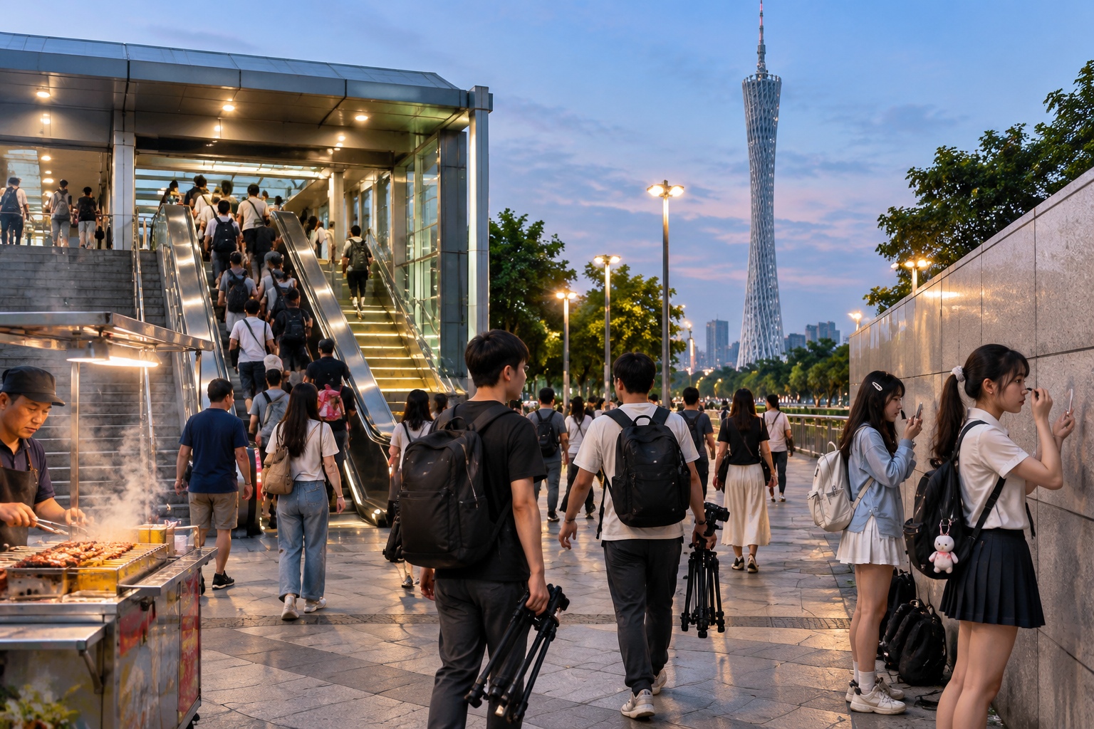 Crowds leaving Canton Tower metro station at dusk in Guangzhou, some carrying tripods, with the unlit tower behind them