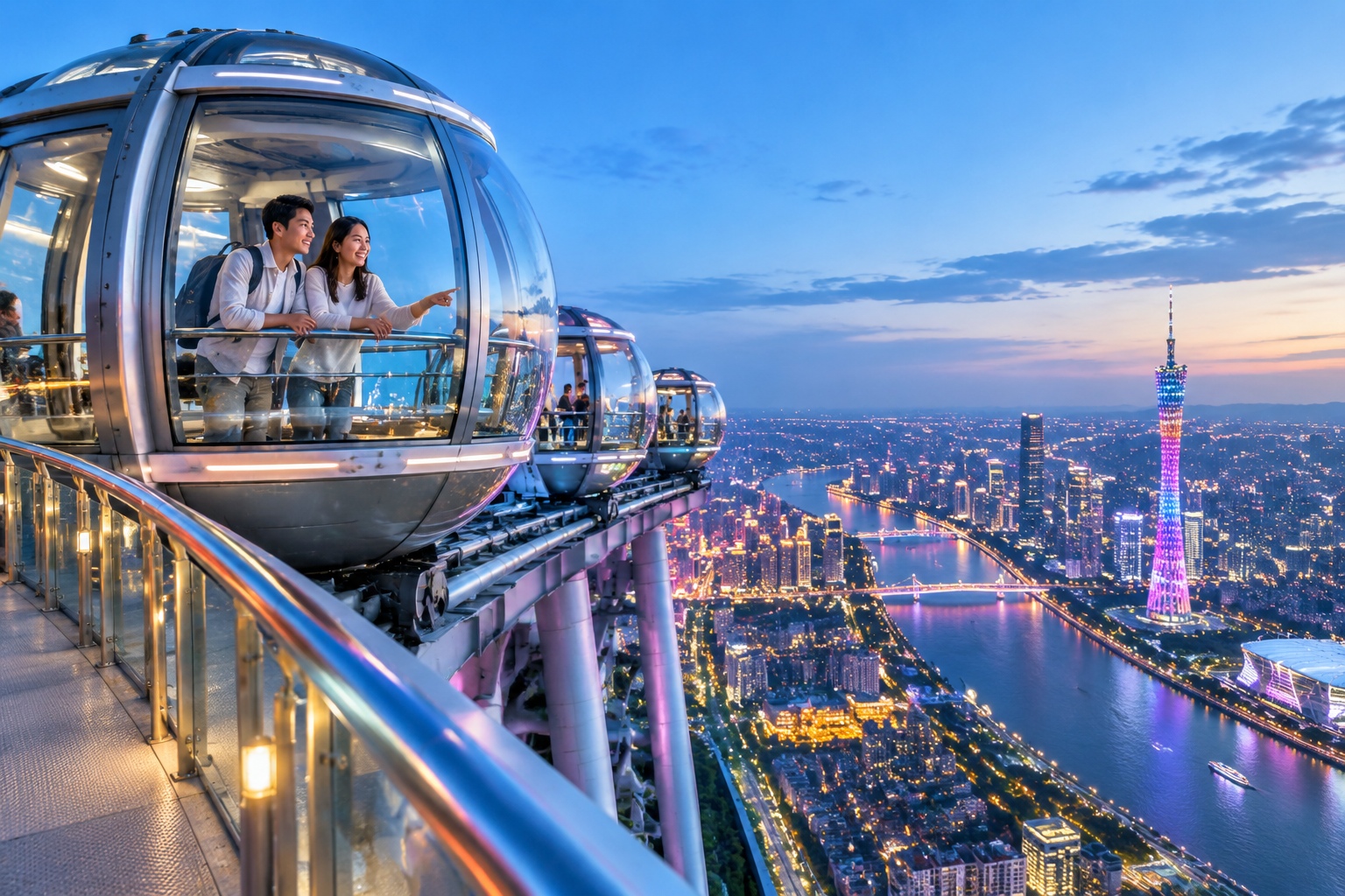 Bubble capsule Ferris wheel on the rooftop of Canton Tower at 450 meters with a couple looking down at Guangzhou's city lights