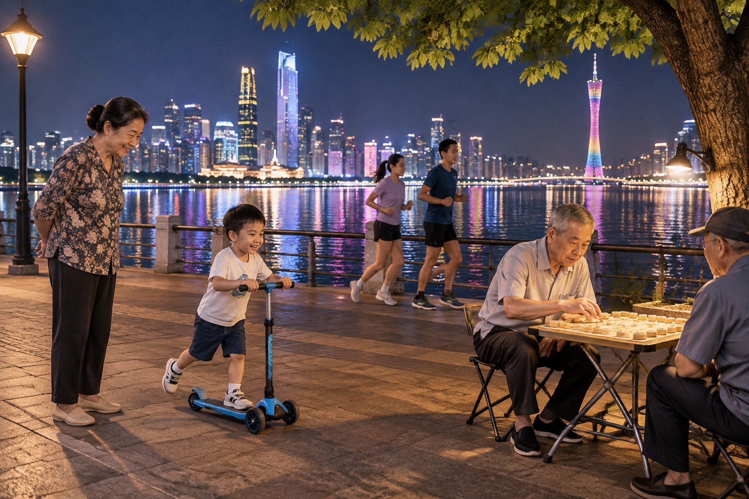 Evening life on the Pearl River promenade in Guangzhou: chess players, a child on a scooter, and the lit skyline reflected in the water
