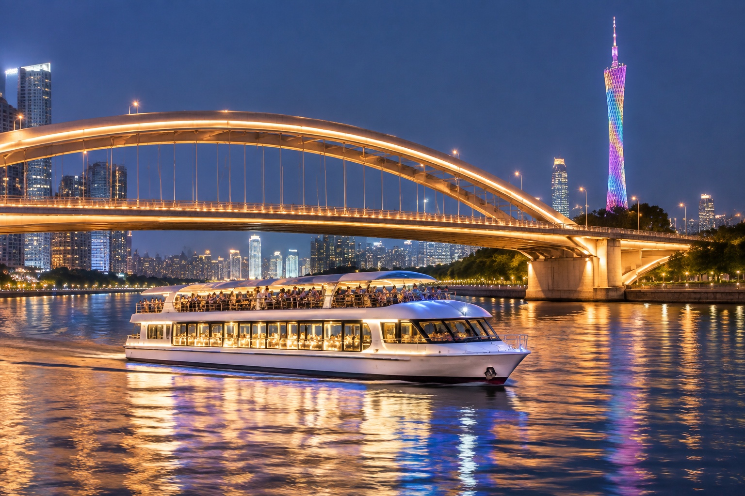 A Pearl River night cruise boat passing under a lit bridge in Guangzhou with Canton Tower glowing in the background
