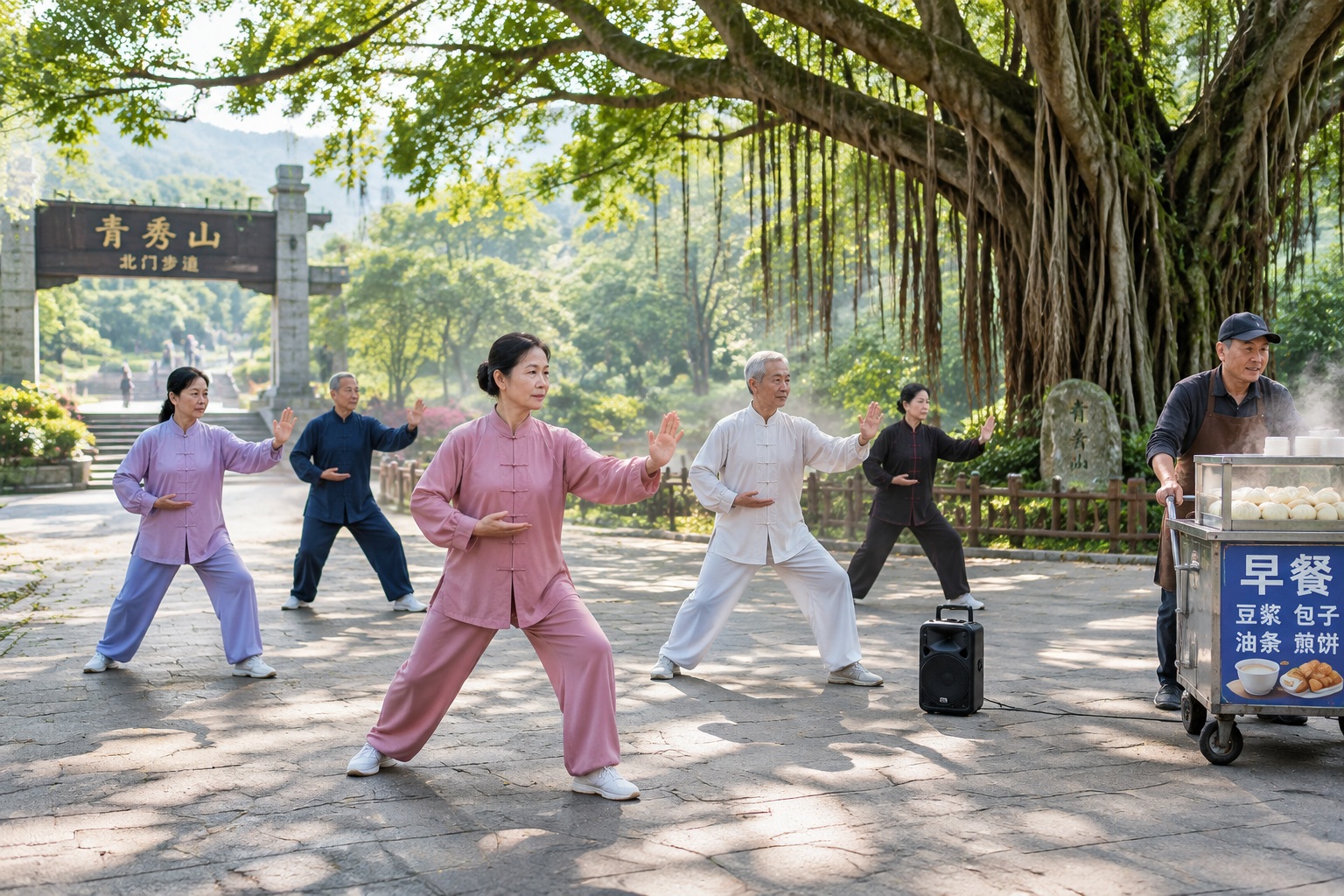 Nanning: Longxiang Pagoda and the Convention Center – Two Views of a Southern City 22 Retirees practising tai chi under a banyan tree near the north gate of Qingxiu Mountain in Nanning, with a breakfast cart at the edge of the path