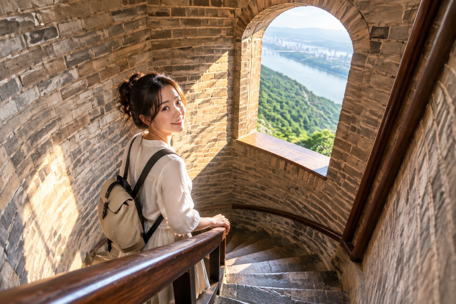 Nanning: Longxiang Pagoda and the Convention Center – Two Views of a Southern City 23 Sunlight through an arched window inside the spiral stairway of Longxiang Pagoda, showing worn brick steps and a wooden handrail