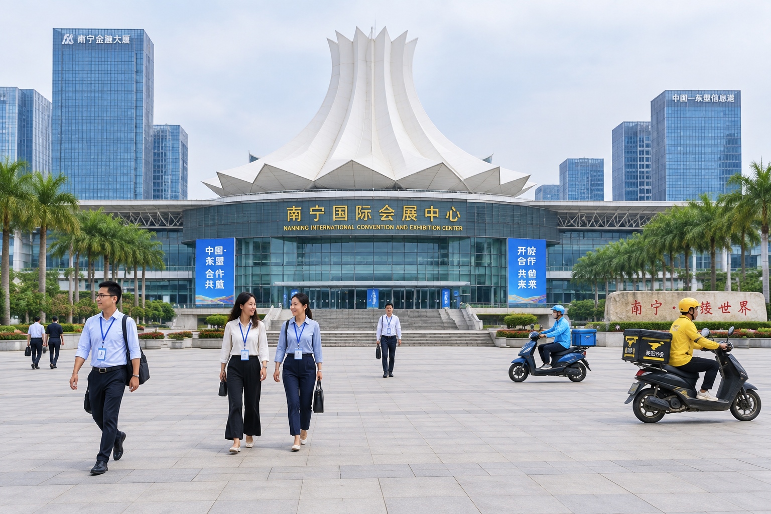 Nanning: Longxiang Pagoda and the Convention Center – Two Views of a Southern City 24 The hibiscus-shaped white steel roof of the Nanning International Convention and Exhibition Center above a granite plaza where office workers cross at midday