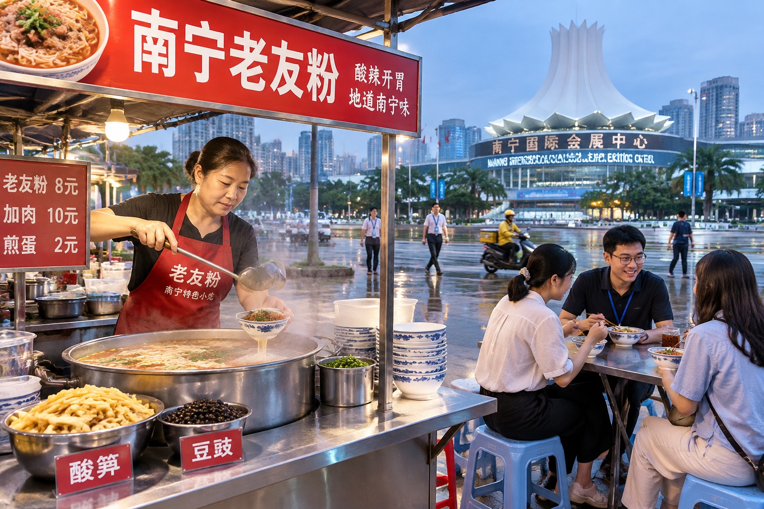 Nanning: Longxiang Pagoda and the Convention Center – Two Views of a Southern City 25 A cook ladling laoyou fen rice noodle soup at a Nanning street stall at dusk while customers sit on plastic stools