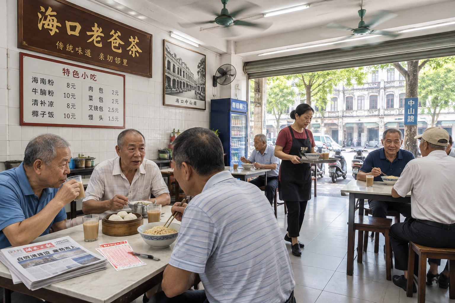 Haikou: From Century Bridge to the Old Qilou Streets of a Tropical Port 23 Interior of a Haikou laoba cha tea house in the morning, older men sitting at small tables with milk tea, buns and lottery slips under ceiling fans