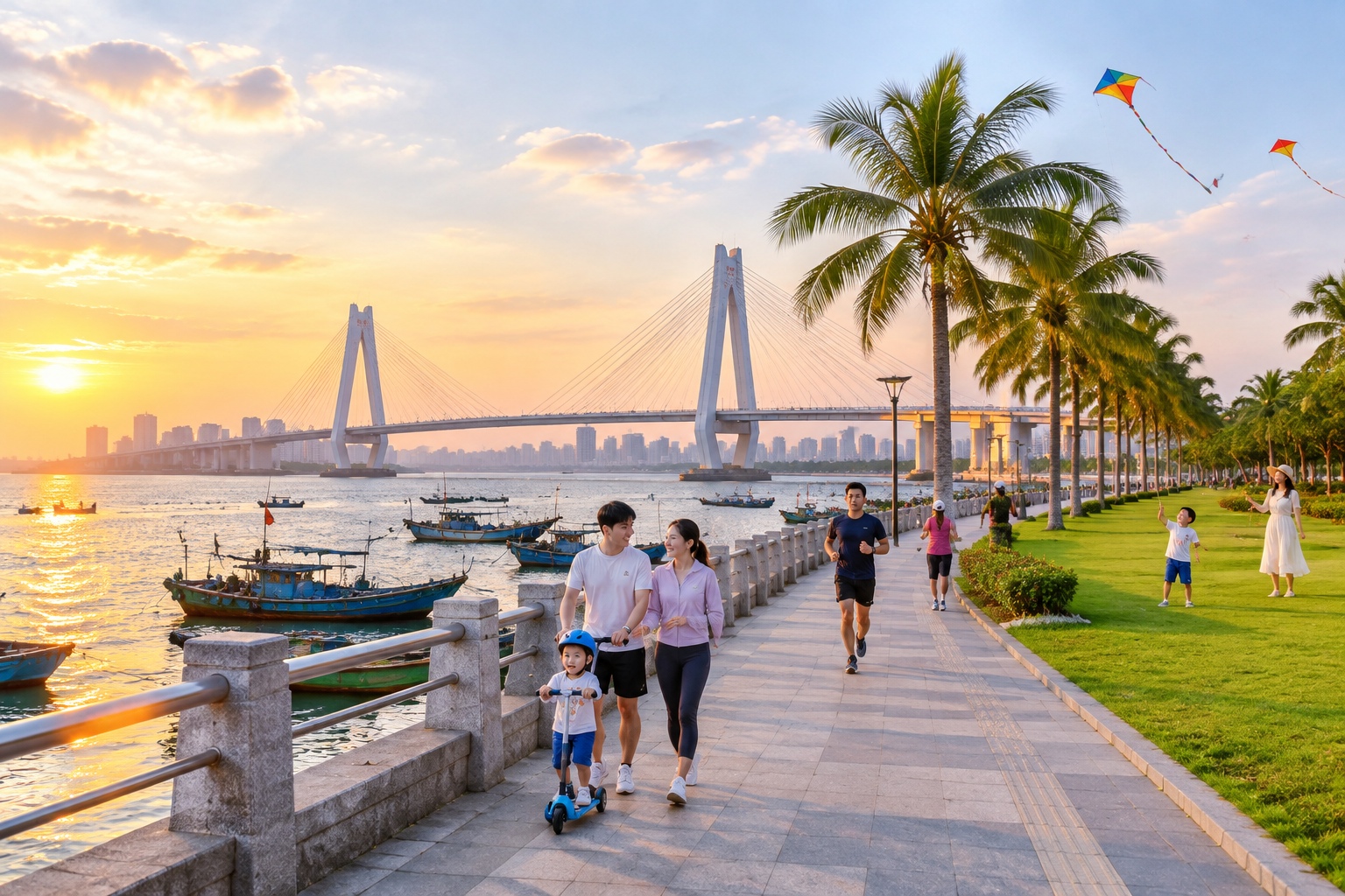 Haikou: From Century Bridge to the Old Qilou Streets of a Tropical Port 24 Haikou waterfront promenade at dusk where the Haidian River meets the bay, with fishing boats, joggers and the cable-stayed Century Bridge in the distance