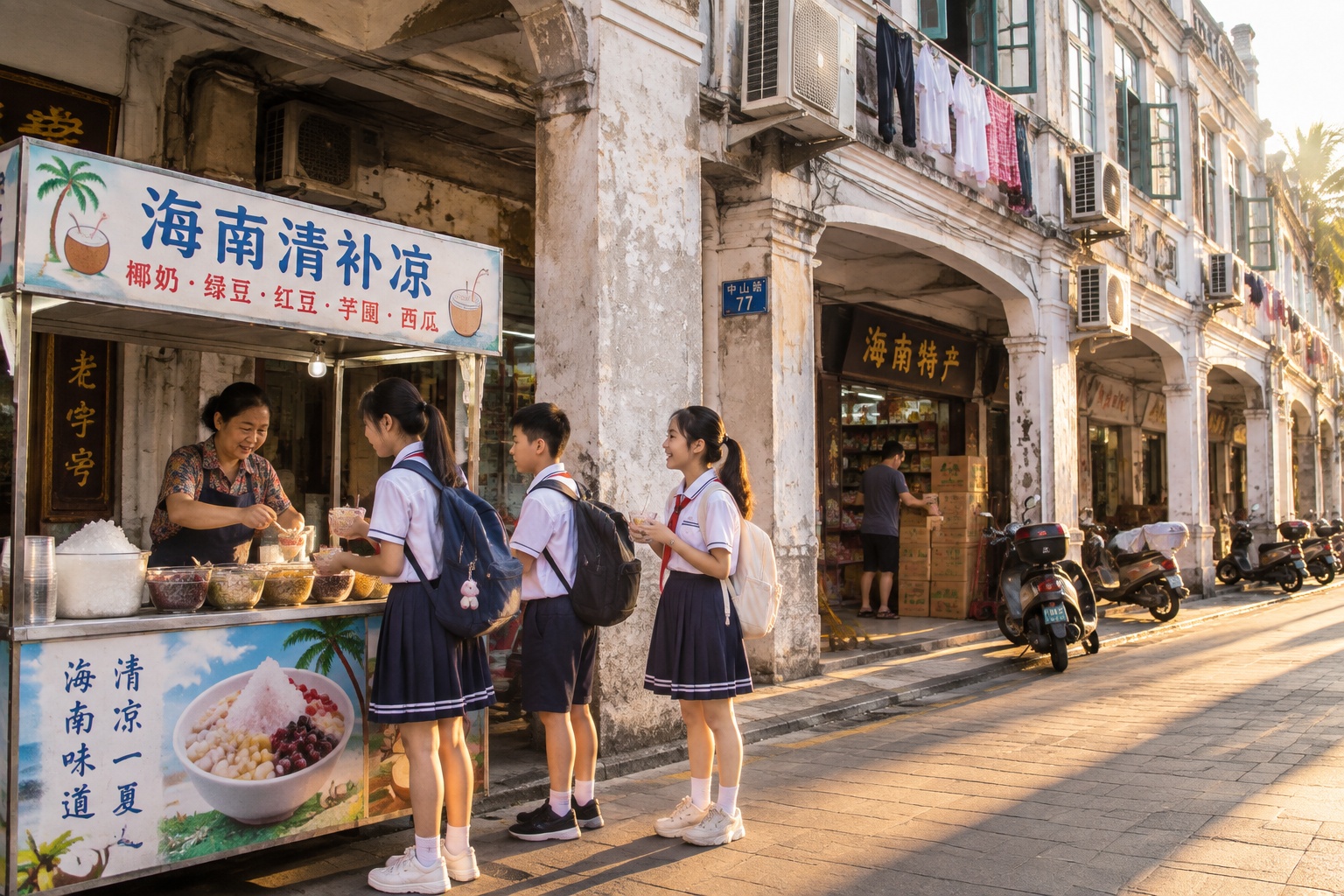 Haikou: From Century Bridge to the Old Qilou Streets of a Tropical Port 25 Schoolchildren buying qingbuliang under the arcades of Haikou's old streets in late afternoon, with laundry, air-conditioners and parked scooters on the 1930s facades