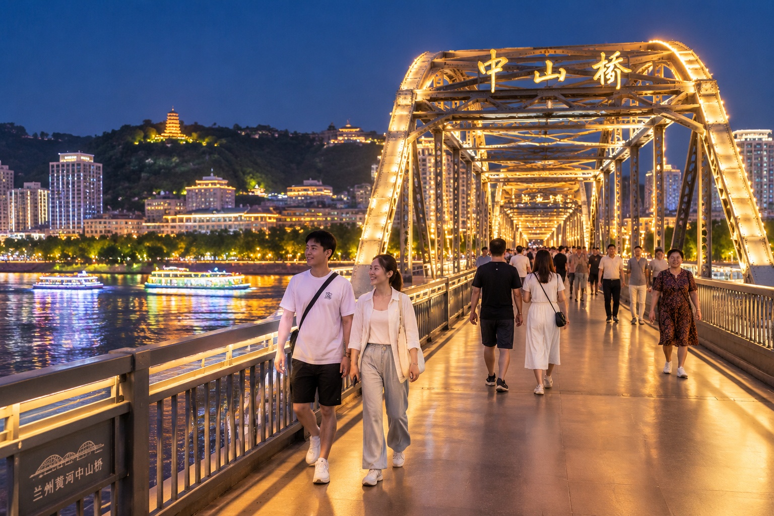 Crowds of Lanzhou residents walking across the illuminated Zhongshan Bridge at night with river reflections below