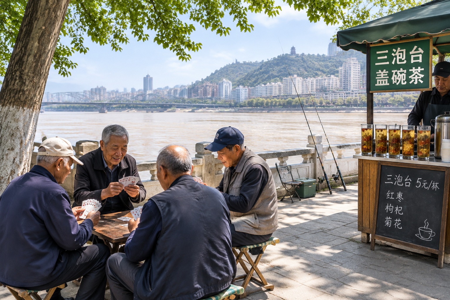 Retirees playing cards and drinking tea at a riverside stall on the Yellow River promenade in Lanzhou
