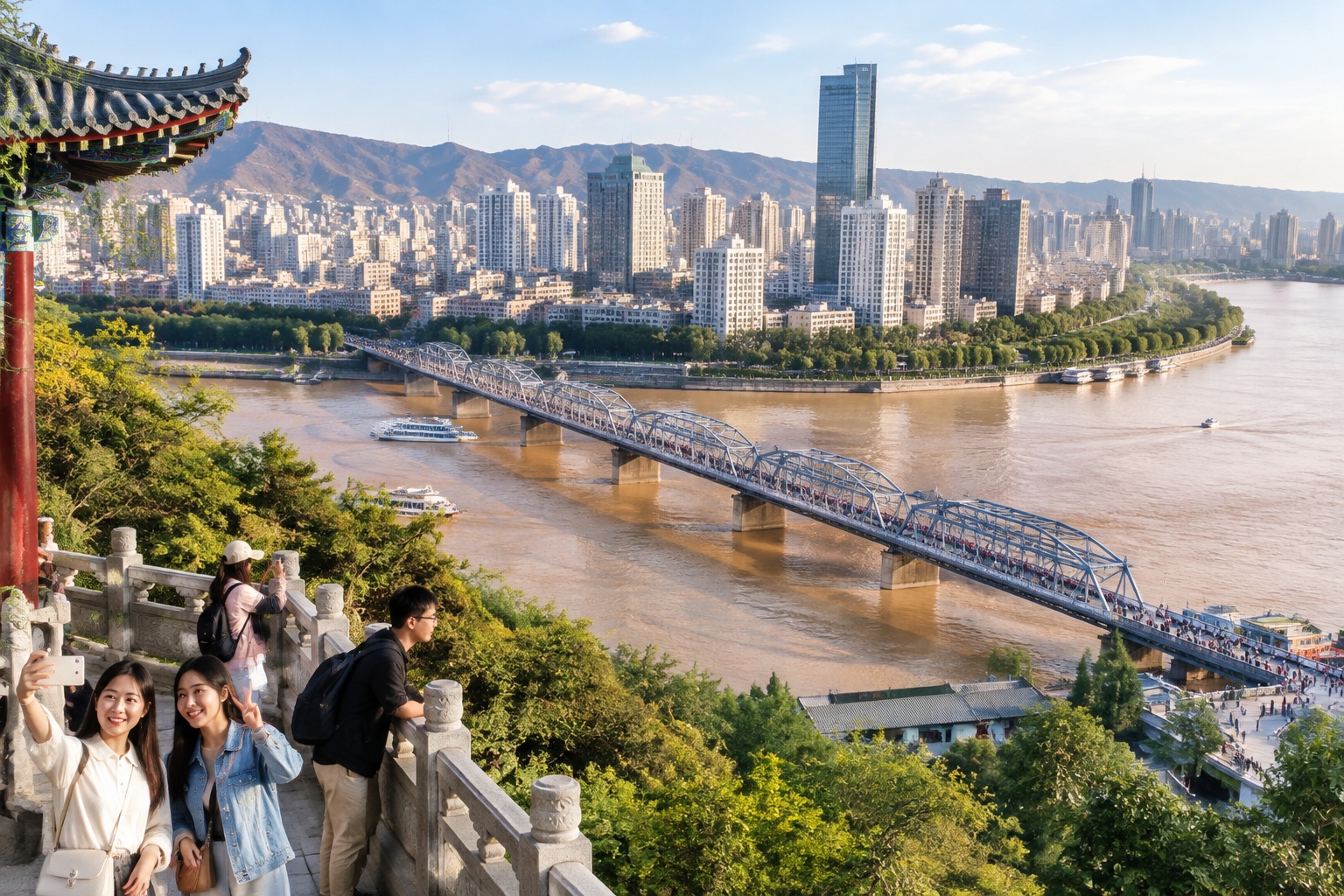View from White Pagoda Mountain down onto Zhongshan Bridge crowded with pedestrians and the Yellow River in Lanzhou