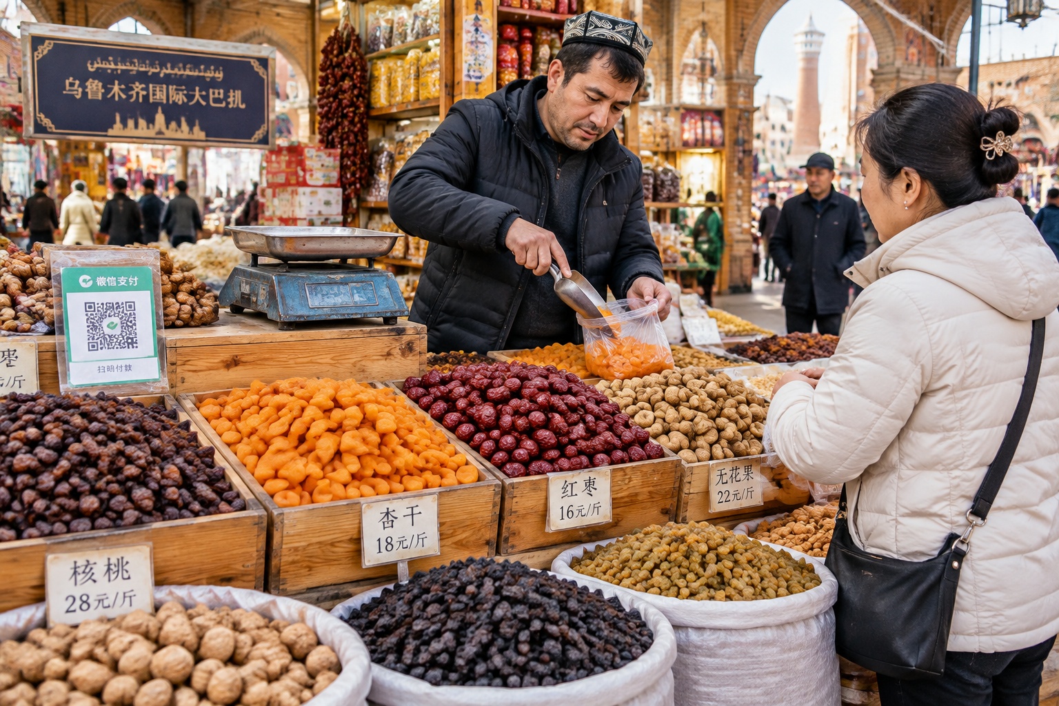 Urumqi's Grand Bazaar: A Xinjiang Market of Sound, Color and Daily Life 22 Dried fruit and nut stall at Urumqi Grand Bazaar with sacks of raisins, apricots and walnuts, a vendor scooping apricots for a customer and a QR payment code on the counter