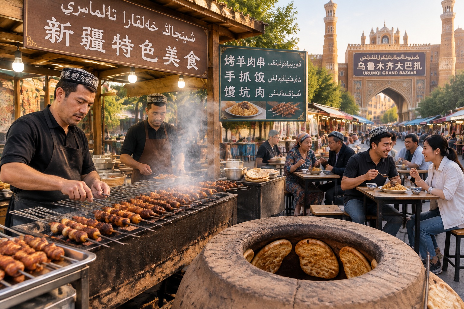 Urumqi's Grand Bazaar: A Xinjiang Market of Sound, Color and Daily Life 23 Outdoor food lane at Urumqi Grand Bazaar in the evening with charcoal lamb skewers, cumin smoke, a clay tandoor baking naan and diners at small tables