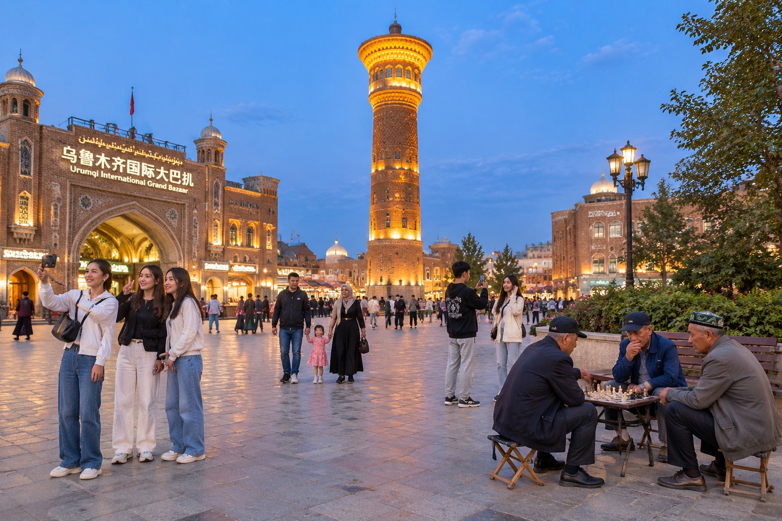Urumqi's Grand Bazaar: A Xinjiang Market of Sound, Color and Daily Life 24 Evening plaza at Urumqi Grand Bazaar with the illuminated brick sightseeing tower, families walking and older men playing chess on low stools