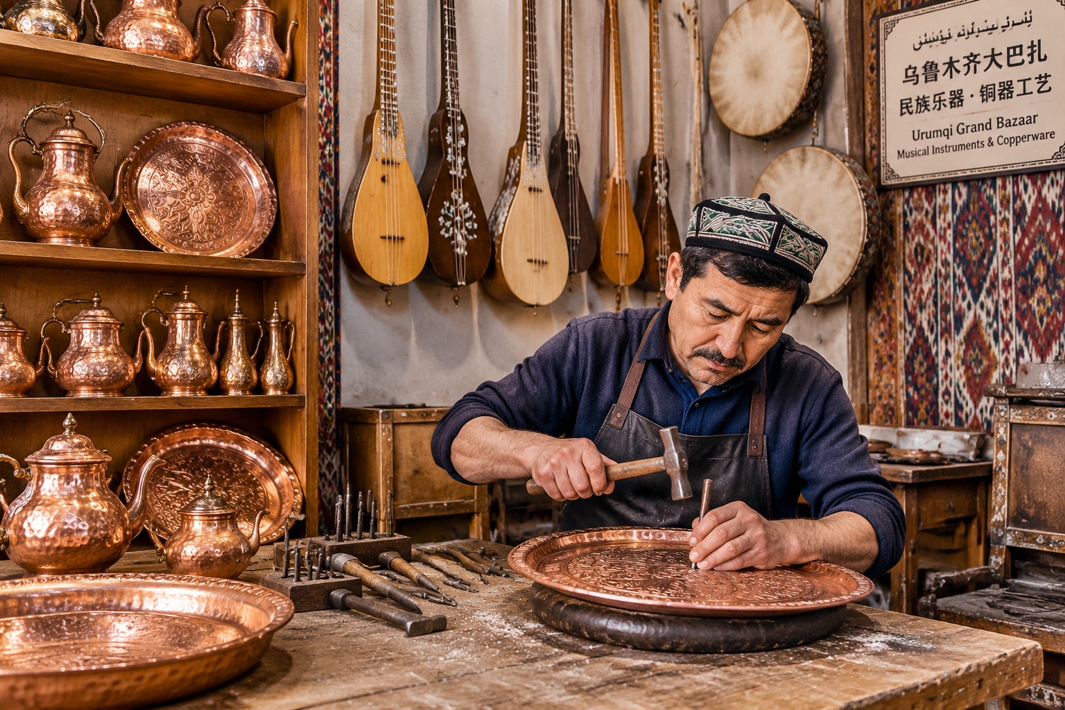 Urumqi's Grand Bazaar: A Xinjiang Market of Sound, Color and Daily Life 25 Craftsman hammering a copper tray inside a small shop at Urumqi Grand Bazaar, with rawap lutes, frame drums and copper teapots on the shelves behind him