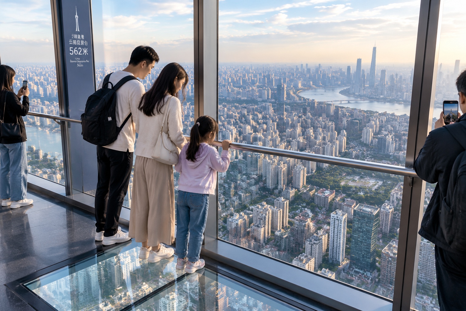 Visitors looking out through floor-to-ceiling glass at the Free Sky observation deck, 562 metres above Shenzhen