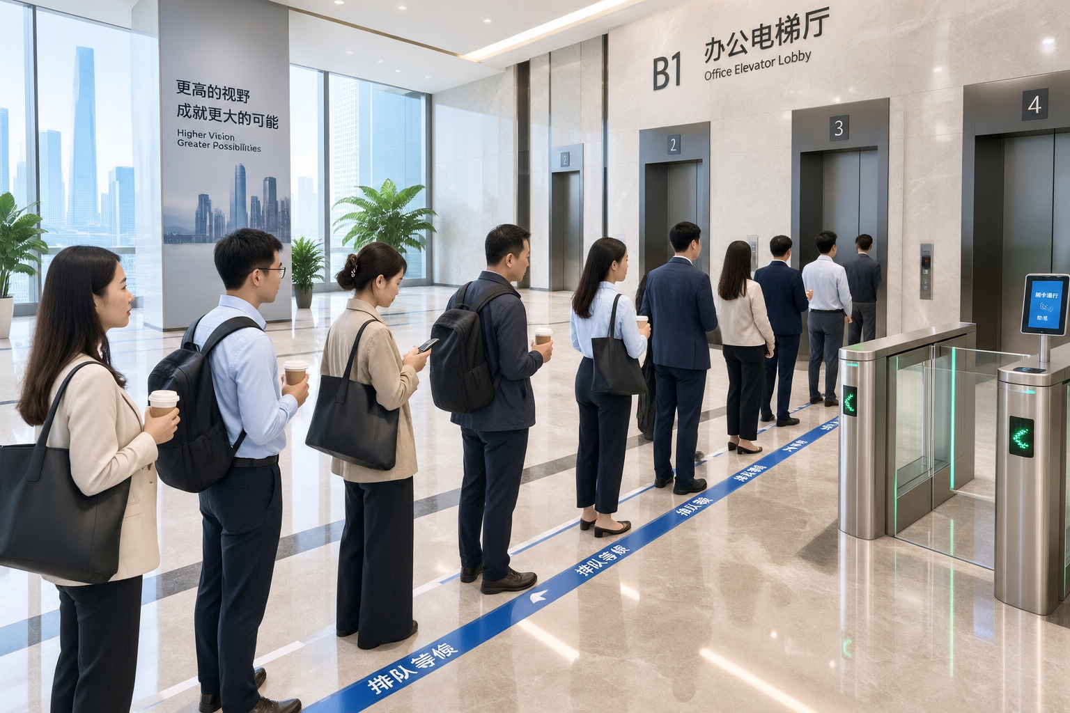 Office workers queuing for lifts in the ground-floor lobby of a Shenzhen skyscraper at the start of the working day