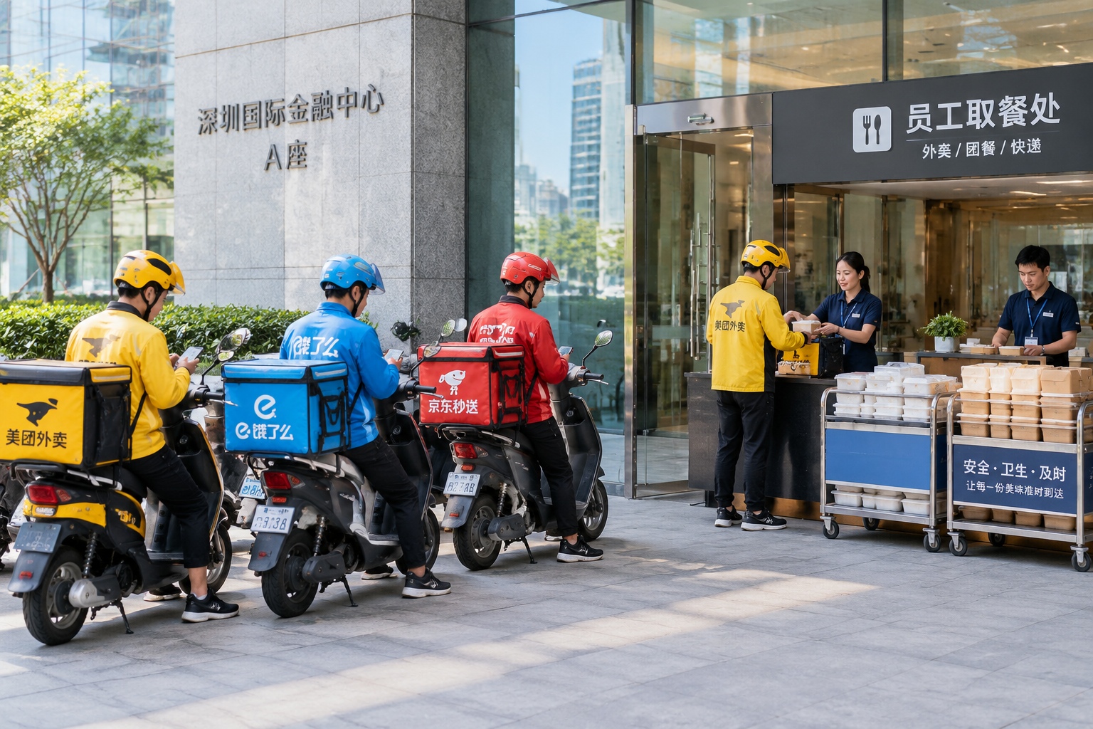 Food delivery riders with insulated bags waiting at the service entrance of a Shenzhen office tower at lunchtime