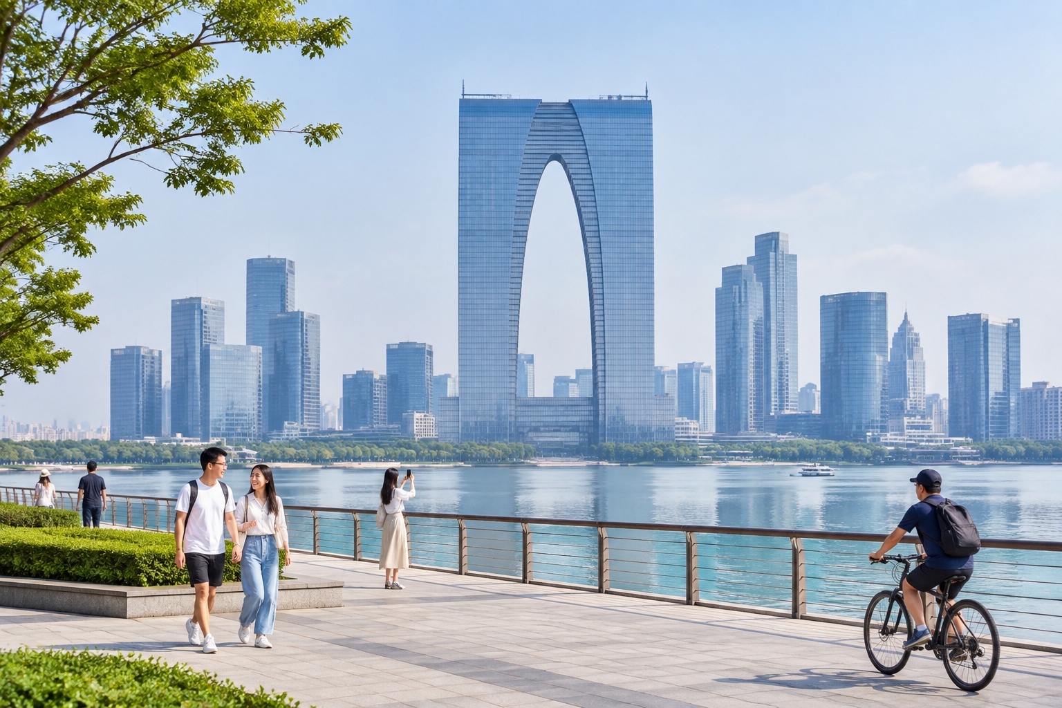 The Gate of the Orient in Suzhou, a 301.8-metre arch-shaped tower, seen from the waterfront of Jinji Lake