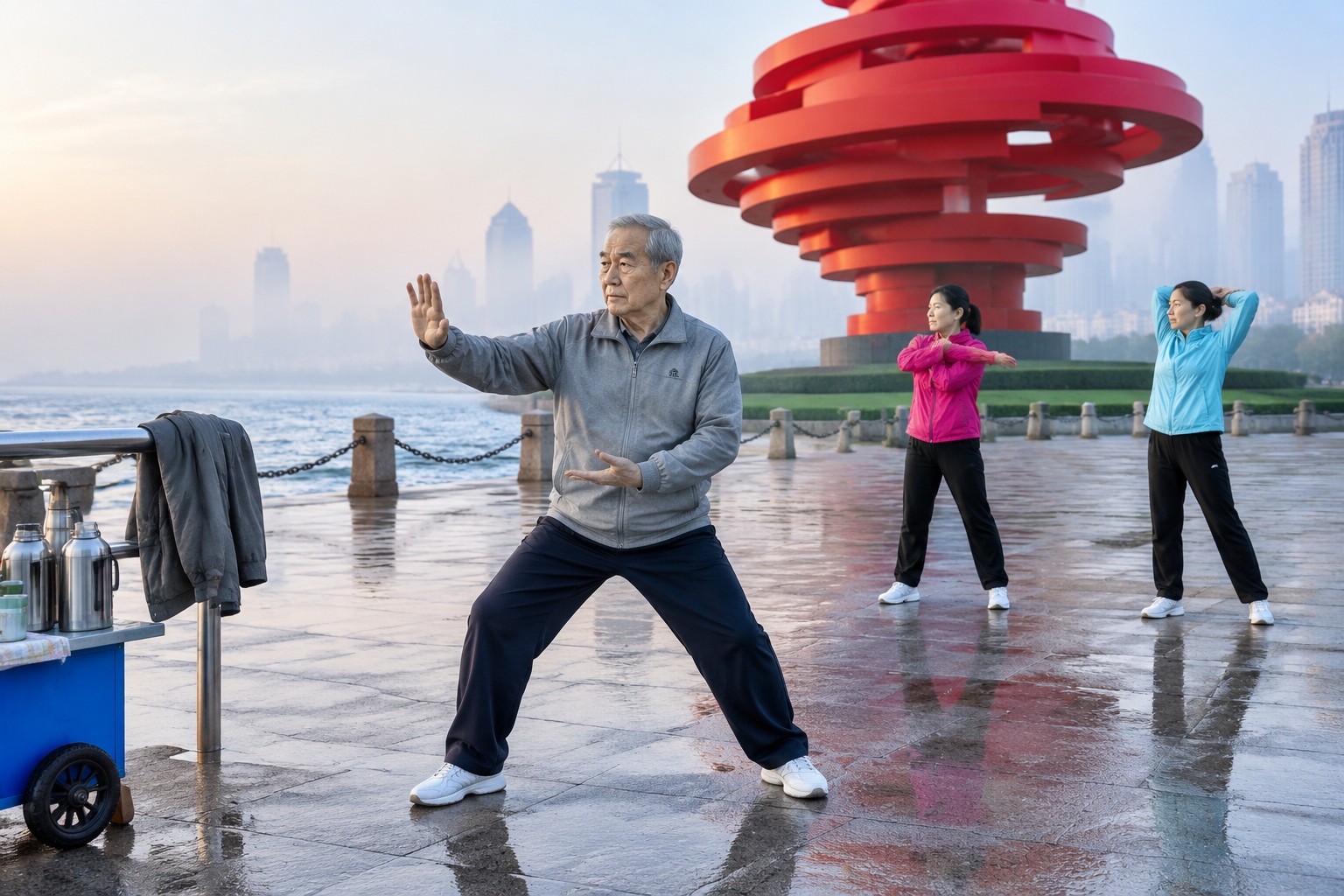 Elderly man practicing taijiquan at dawn on the wet plaza beside the red Wind of May sculpture in Qingdao's May Fourth Square, with sea fog in the background