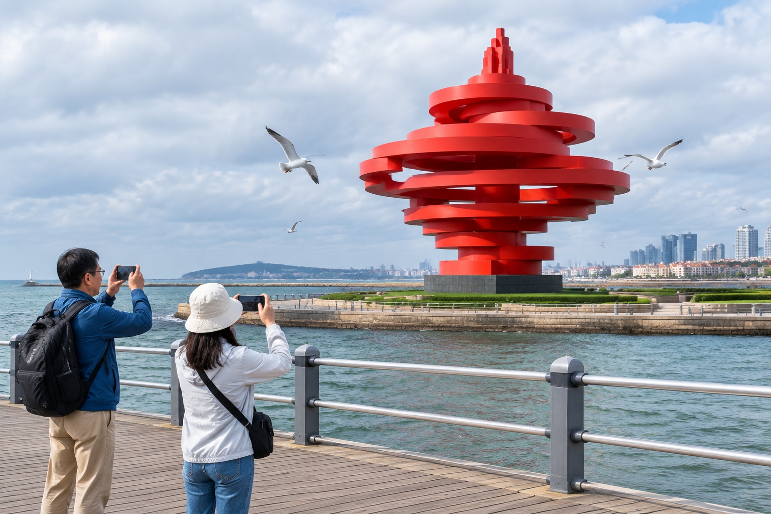 The red Wind of May sculpture in Qingdao viewed from the seaside boardwalk, its steel ribbons appearing like a breaking wave as tourists take photos
