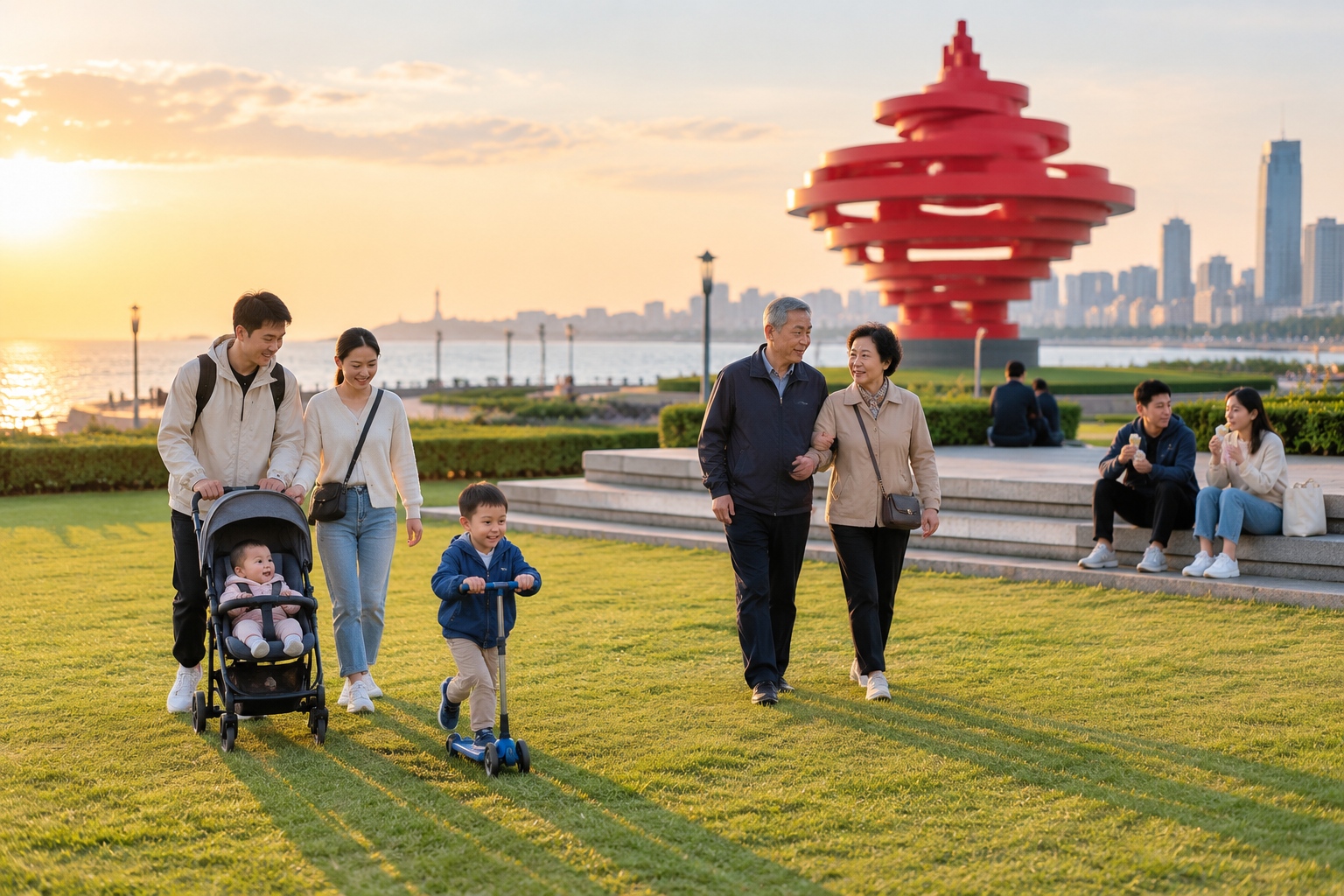 Families with strollers and children on scooters on the lawn of Qingdao's May Fourth Square in the early evening, with the red sculpture blurred behind them
