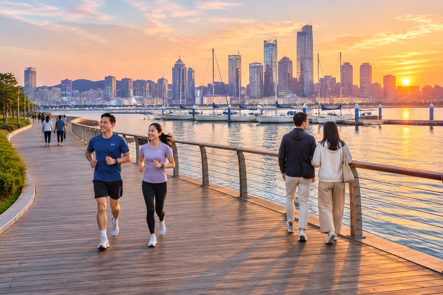 People walking along the seaside boardwalk from May Fourth Square toward the Qingdao Olympic Sailing Center at sunset, with moored sailboats and lit-up high-rises across the bay