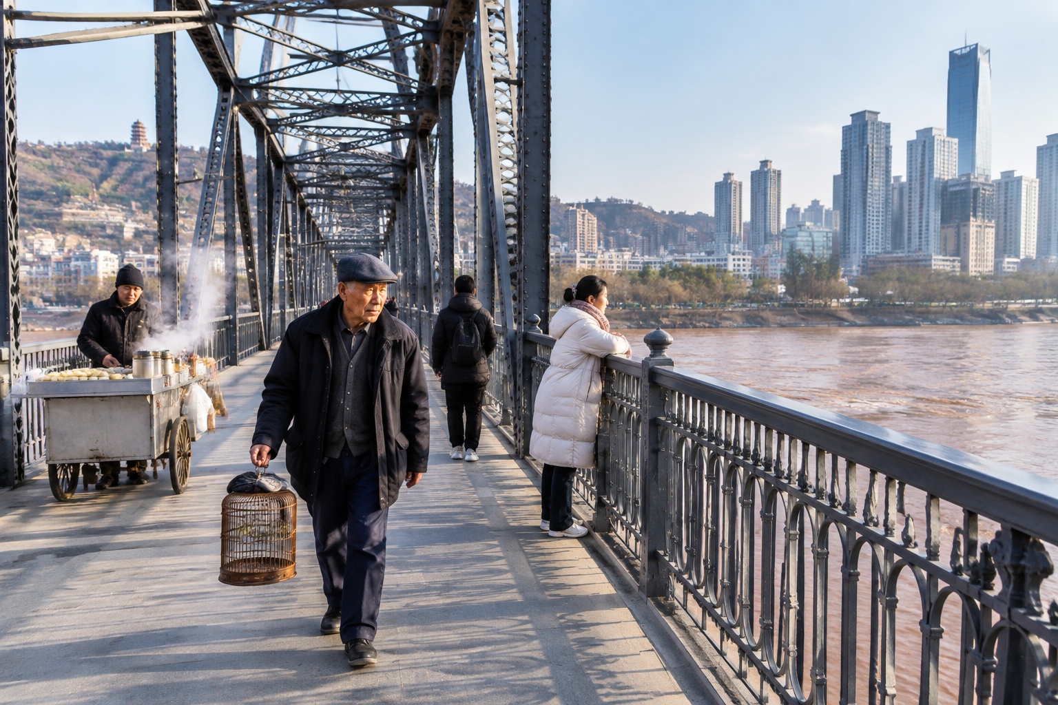 Pedestrians crossing the iron truss Zhongshan Bridge over the Yellow River in Lanzhou in the early morning, with modern high-rise buildings visible behind the bridge