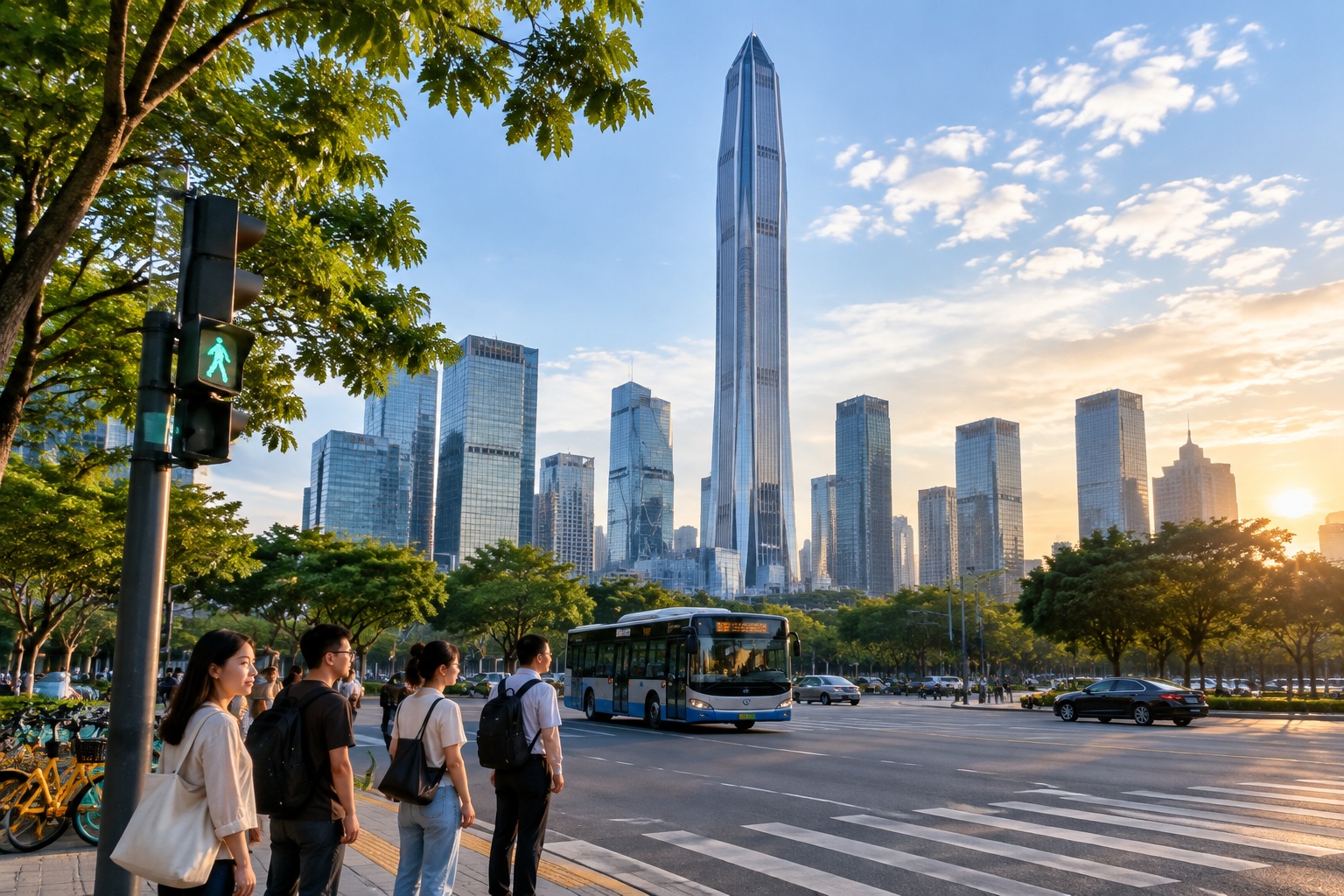 The Ping An Finance Center tower rising above the Futian financial district in Shenzhen, seen from street level with pedestrians and a city bus in the foreground