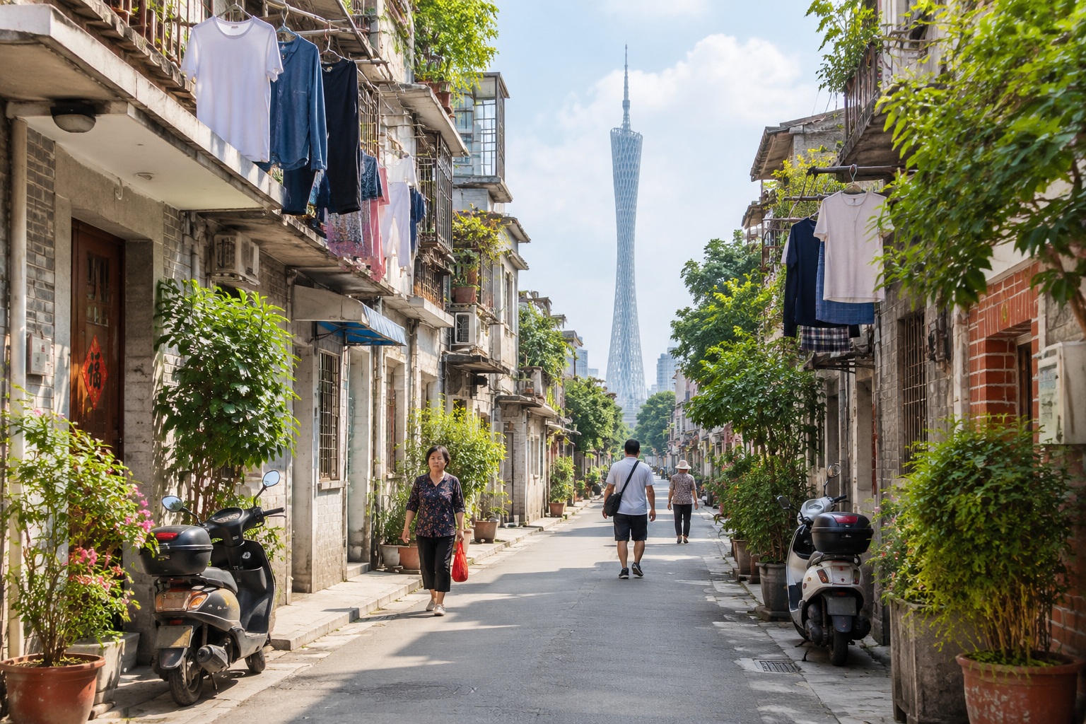 A narrow older lane in Guangzhou with laundry hanging above and the Canton Tower visible at the end of the street