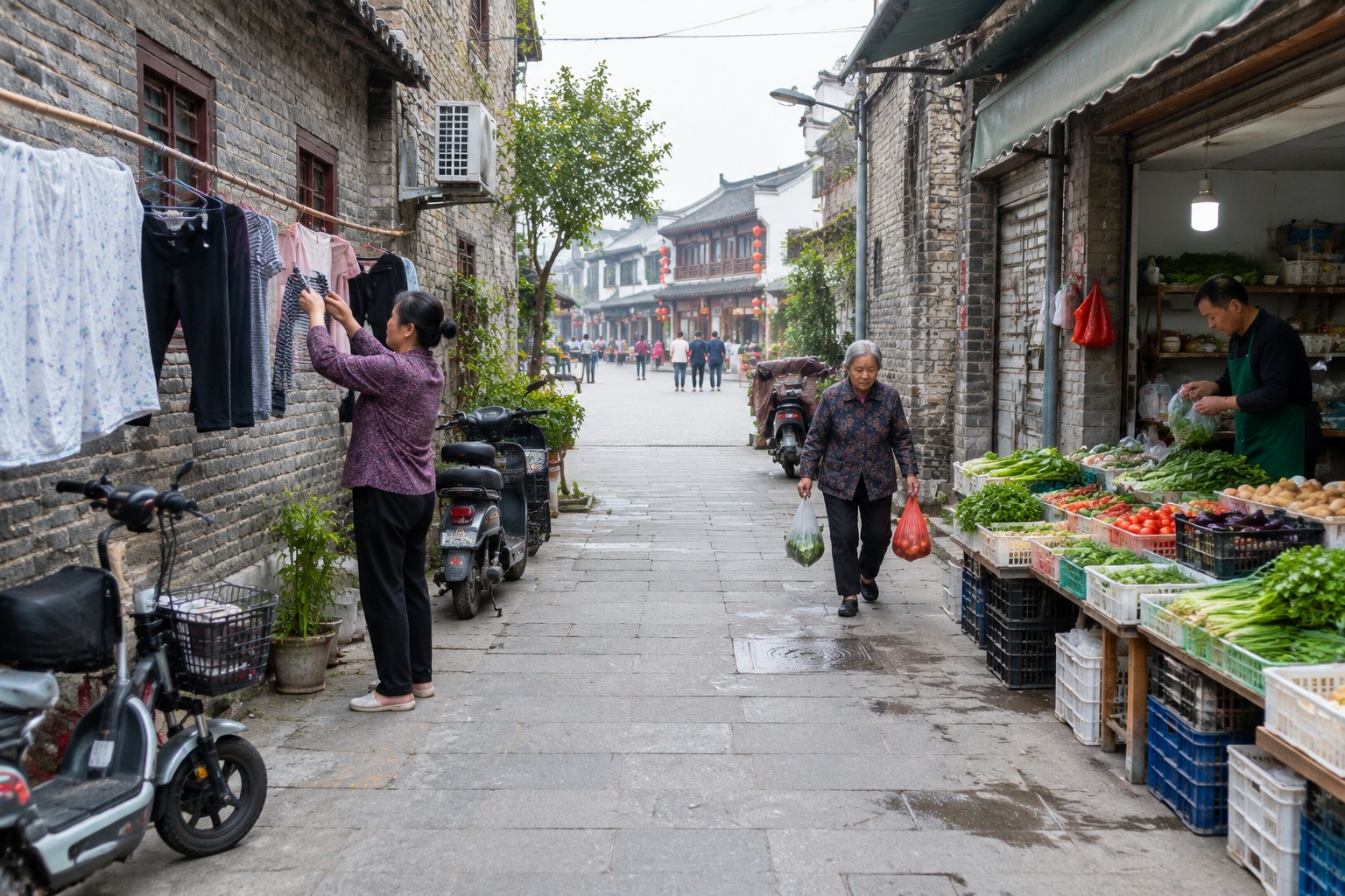A back lane behind a restored commercial street in a Chinese city, with residents' washing, parked electric bikes and a small vegetable shop