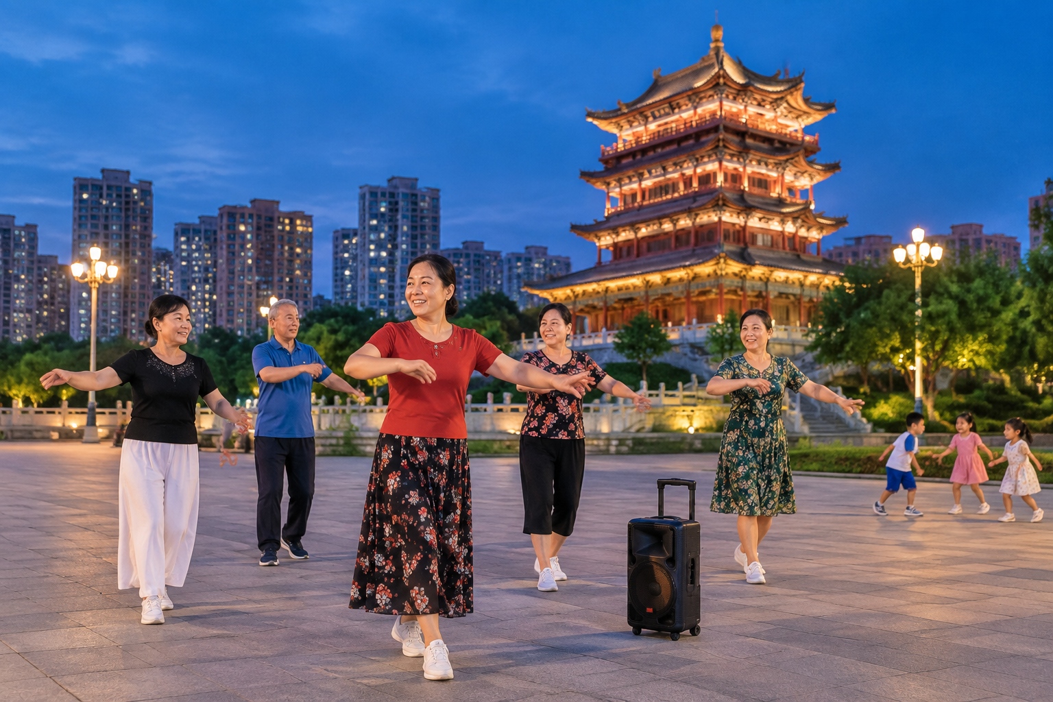 Older residents dancing in a public plaza at dusk in front of a traditional Chinese pagoda, with modern apartment towers in the background
