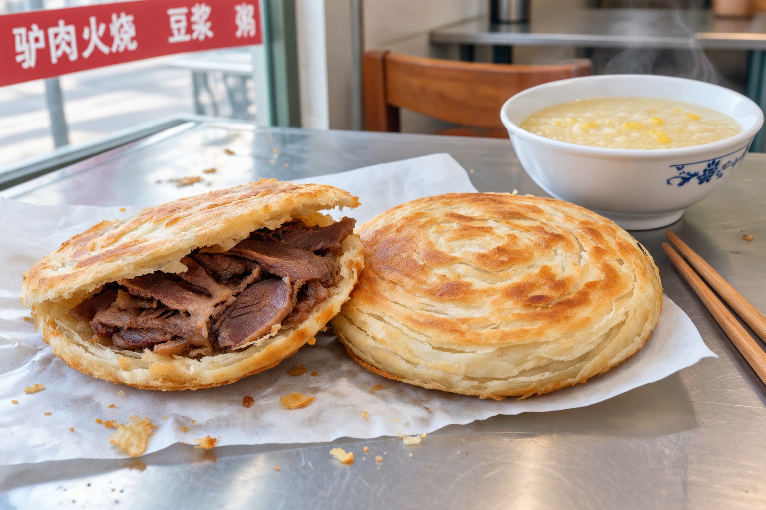 Two round donkey meat huoshao flatbreads on paper next to a bowl of corn porridge on a stainless steel table in a Baoding breakfast shop