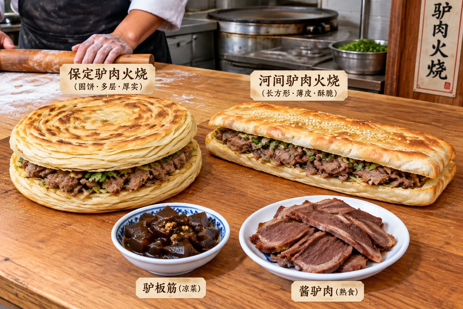 Round Baoding-style huoshao compared with rectangular Hejian-style huoshao alongside sliced donkey meat and menzi