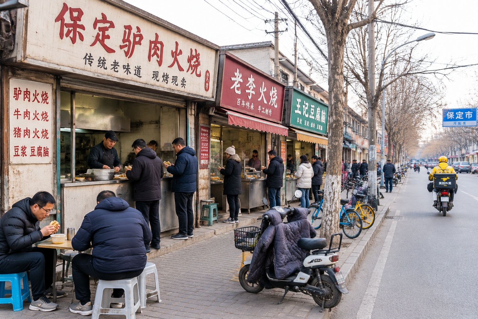 Morning breakfast street in Baoding with customers eating huoshao at small shop counters and electric scooters parked along the curb