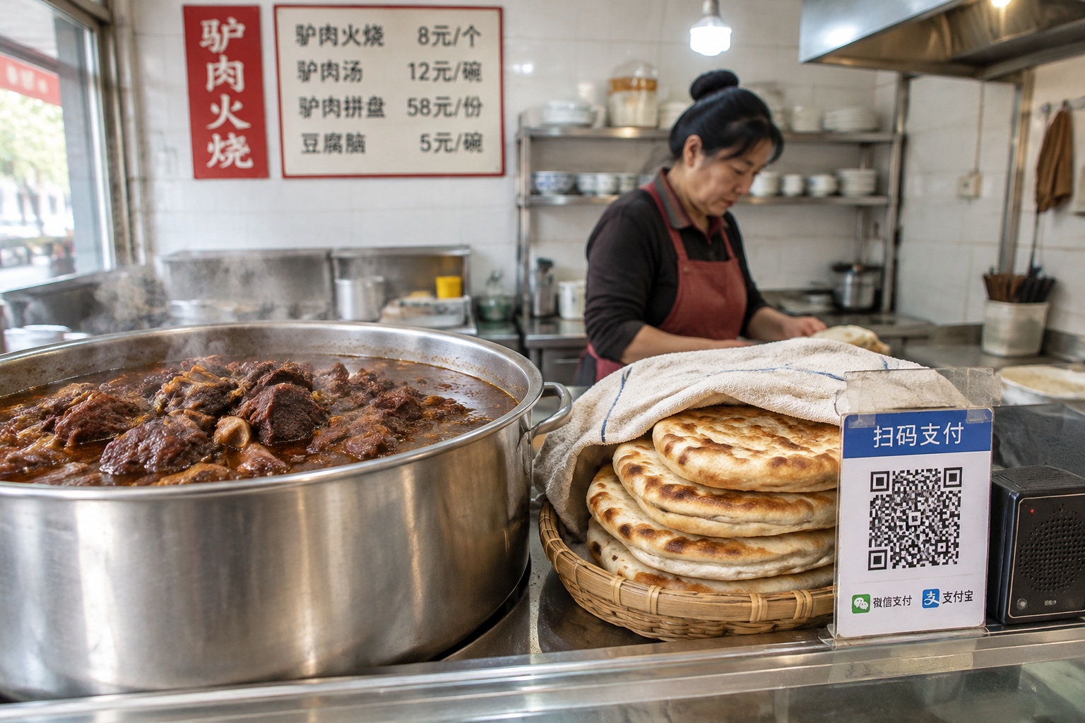 Counter of a Baoding huoshao shop showing a pot of braised donkey meat, stacked flatbreads and a QR code payment sign
