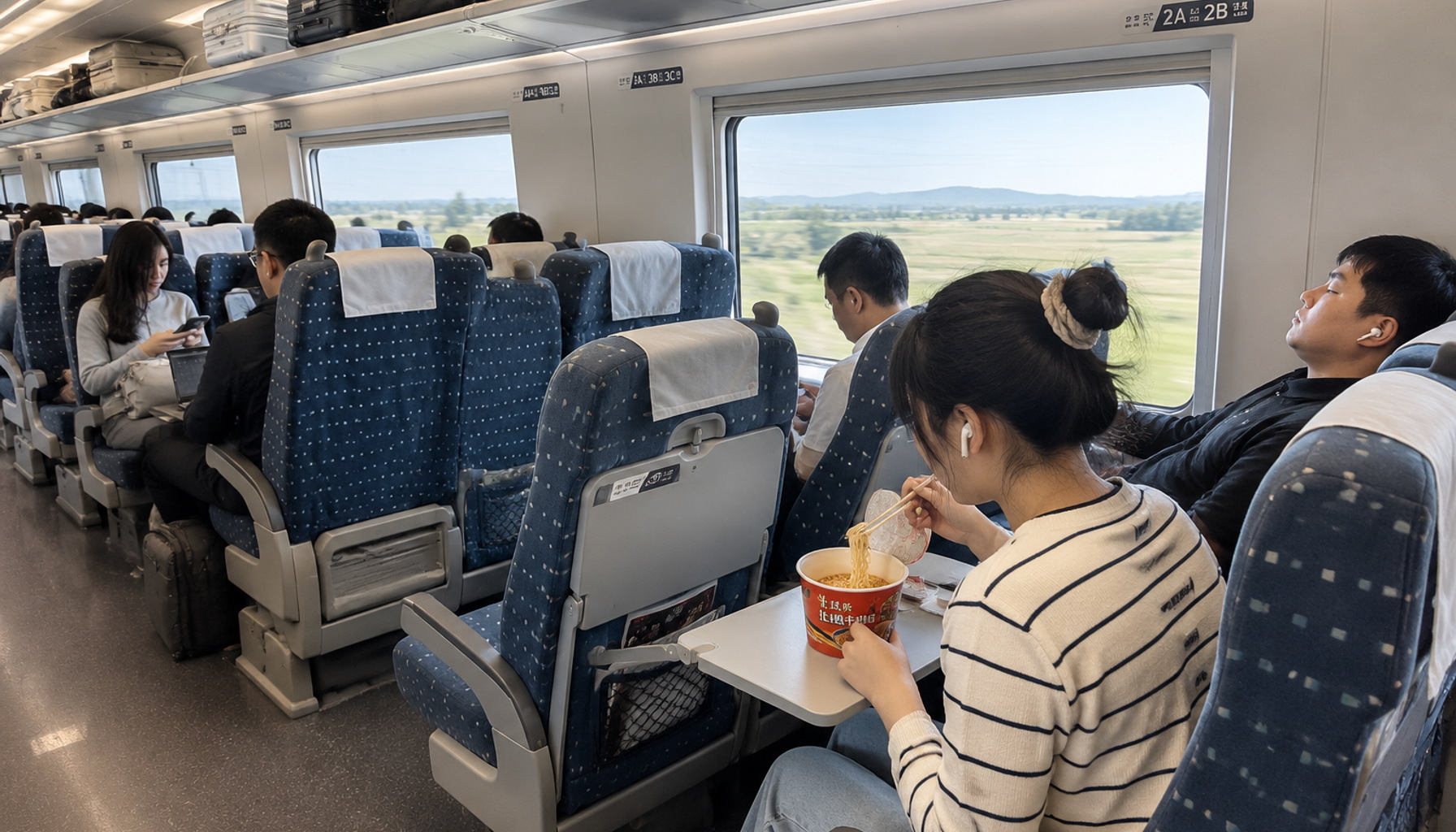 Shanghai to Huangshan in 2 Hours 18 Minutes: What a First-Timer Notices on China's High-Speed Rail 22 Passengers in a second-class carriage on a Chinese high-speed train, with a woman eating instant noodles at her seat beside the window