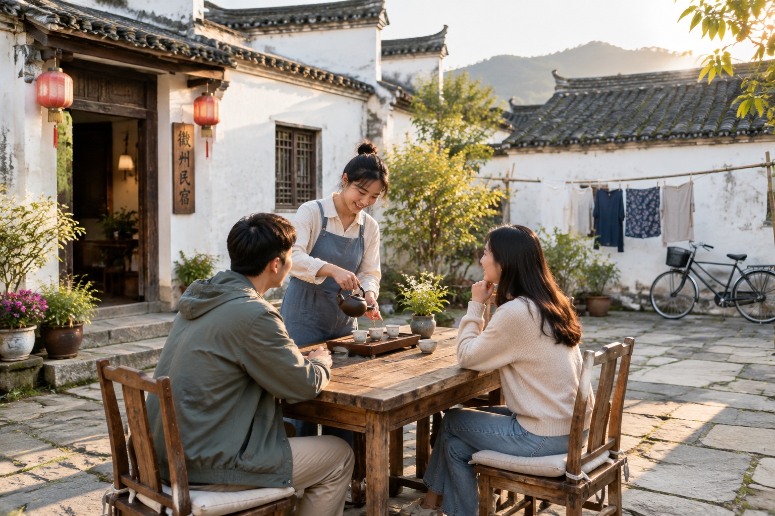 Shanghai to Huangshan in 2 Hours 18 Minutes: What a First-Timer Notices on China's High-Speed Rail 24 A young guesthouse owner pouring tea for guests in the stone courtyard of a restored Huizhou village house near Hongcun in Anhui