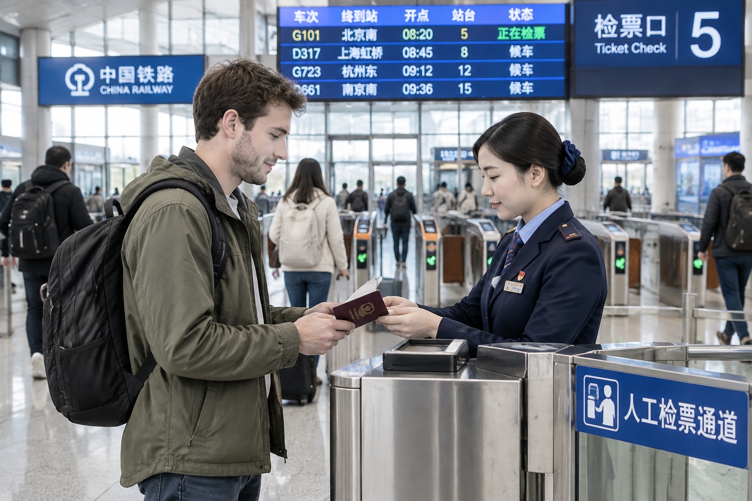 Shanghai to Huangshan in 2 Hours 18 Minutes: What a First-Timer Notices on China's High-Speed Rail 25 A foreign traveler showing an open passport at a staffed ticket gate inside a Chinese railway station while other passengers use the automated gates