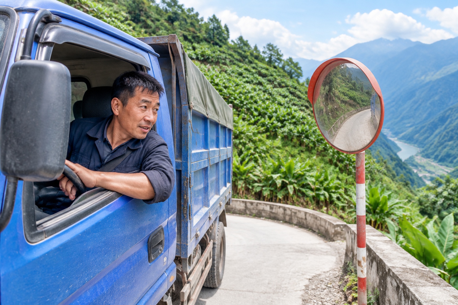A truck driver leans out of the cab at a hairpin bend on a narrow concrete mountain road in Yunnan, checking a dusty convex traffic mirror before continuing uphill.