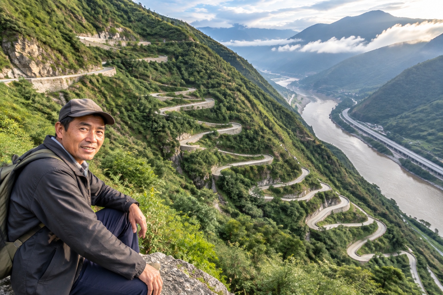 A narrow concrete road zigzags up a steep green mountainside above a river valley in northwest Yunnan, with more than twenty switchbacks visible.