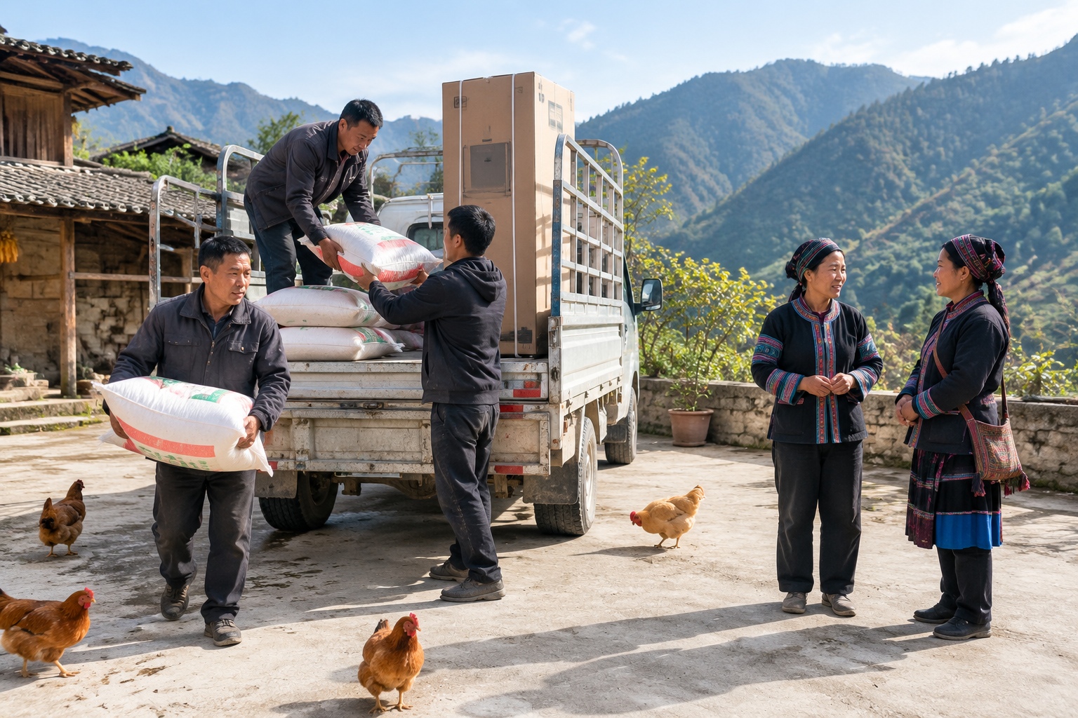 Villagers unload fertilizer sacks and a boxed refrigerator from a small delivery truck in the concrete courtyard of a mountain village in Yunnan.