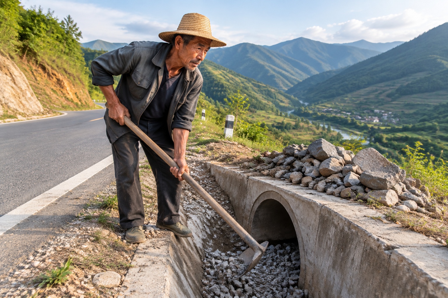 An older village road keeper clears gravel from a drainage culvert beside a mountain road in Yunnan, with small piles of fallen rock stacked nearby.