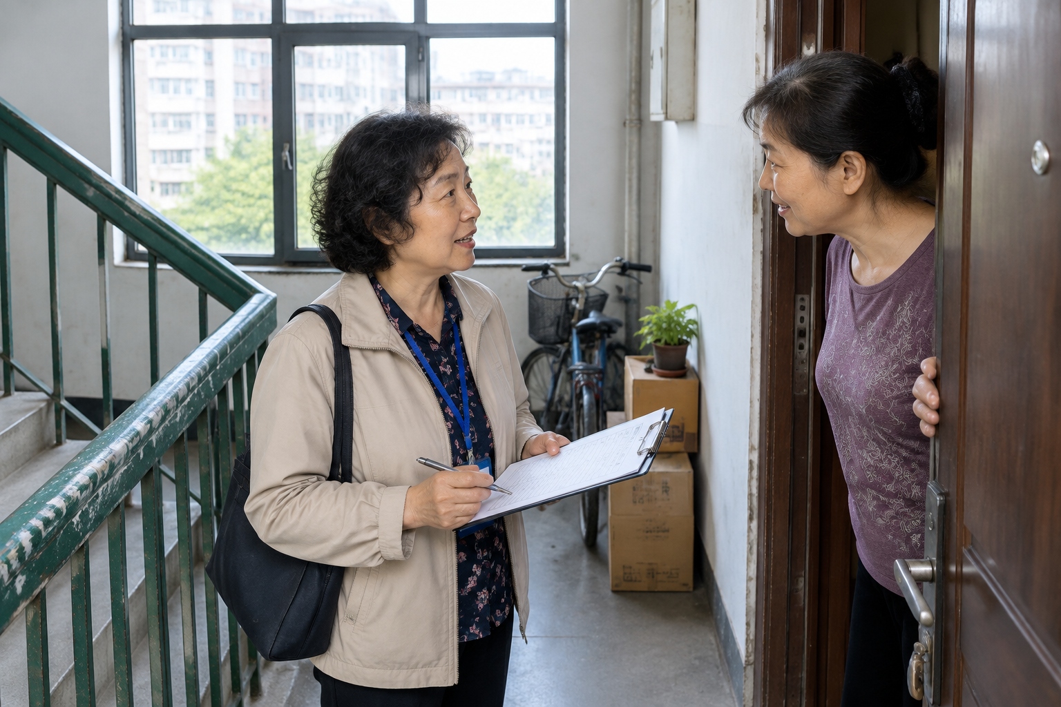 A woman holds a clipboard on the stairwell landing of a six-storey 1988 Beijing apartment building, asking a neighbor to sign a form about installing an elevator.