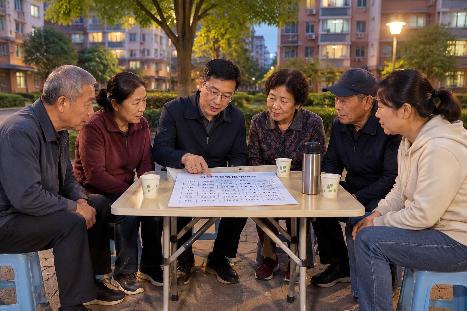 Neighbors sit on plastic stools around a folding table in a Beijing courtyard at night, reviewing a floor-by-floor cost breakdown for a new elevator.