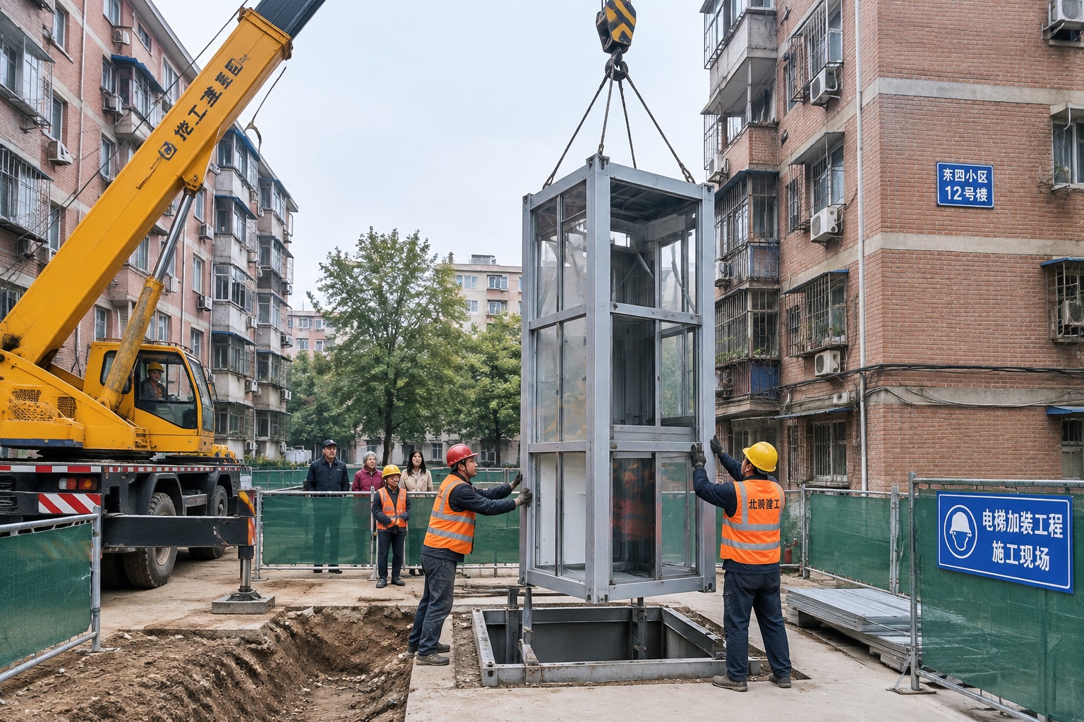 Workers in orange safety vests guide a prefabricated steel elevator shaft into place in a narrow Beijing courtyard between 1980s brick apartment buildings.