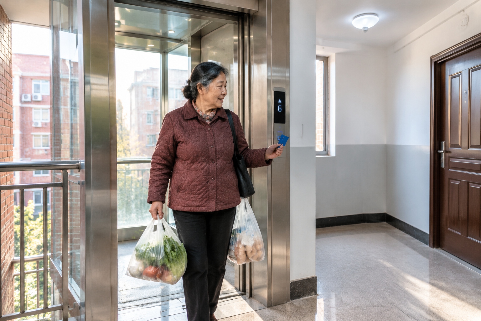 An older woman with grocery bags steps out of a newly installed glass elevator onto the sixth floor of her 1988 Beijing apartment building.