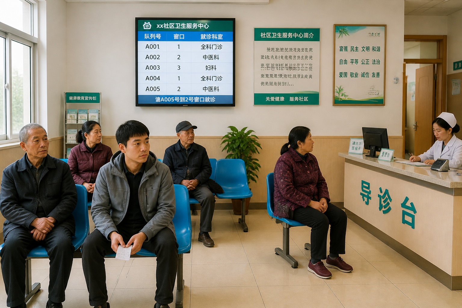 Waiting area inside a community health center in Chengdu with patients holding registration slips and a digital queue screen on the wall